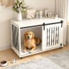39.37'' Modern Wooden Dog Crate Furniture with Sliding Barn Door and Side Door, Indoor Dog Kennel End Table for Small to Medium Dogs